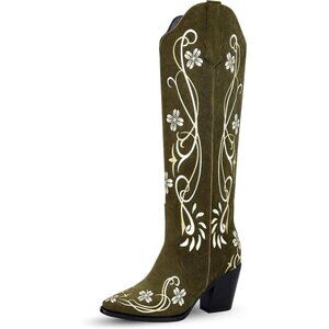 Women's Green Knee High Cowgirl Pointed Toe Chunky Heel Embroidery Boots